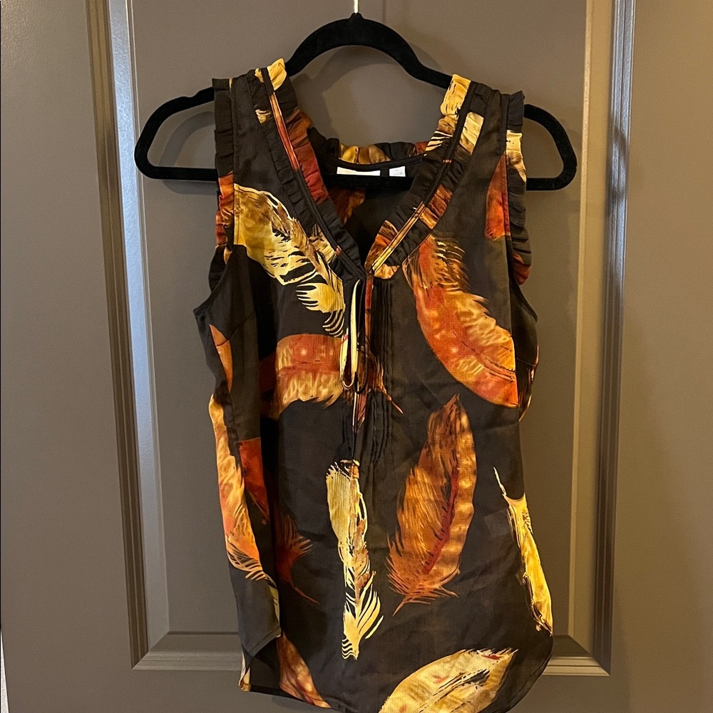 New York & Company Black Tank Top with Orange & Yellow Feather Print